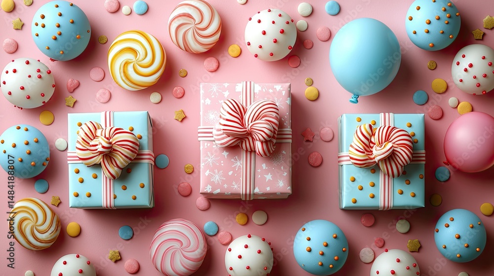 Fototapeta premium Festive Gifts Sweets and Balloons on Pink Background