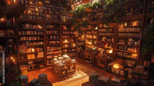A cozy bookstore with towering bookshelves and warm lighting --ar 16:9 --v 6.1 Job ID: 34e61c01-05f7-43d3-9a3f-99d69879ae97