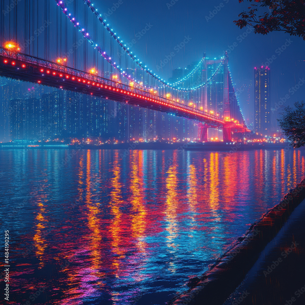 Fototapeta premium Bridge over water at night.