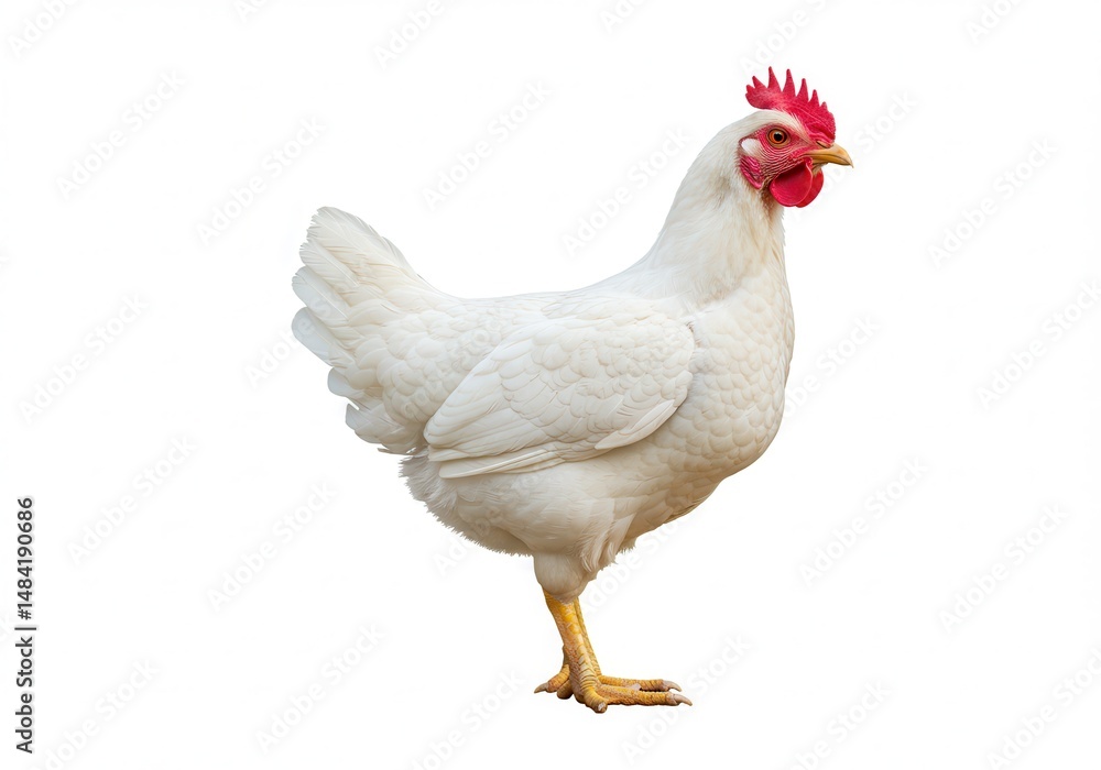 Fototapeta premium Standing white chicken with red comb isolated on white background, side view