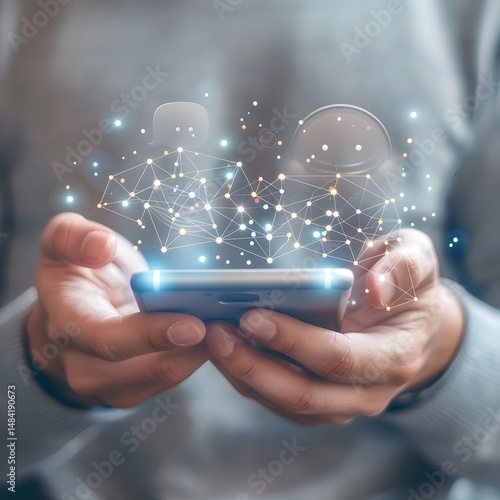 Hands holding a smartphone, surrounded by abstract orange data points and lines.
