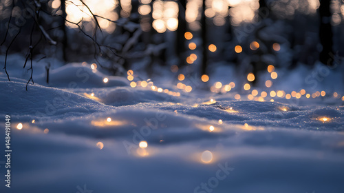 Soft snow covering the ground with glimmering light. [Lanternblood Forest] | Lanternveil Dusk | covered twilight. Illustration