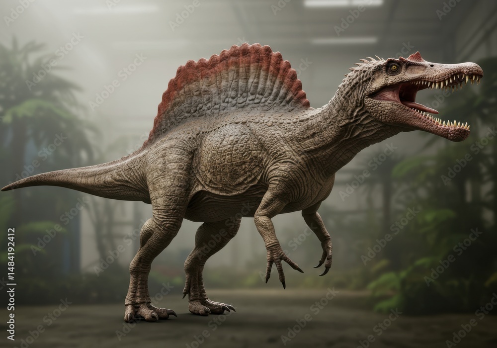 Fototapeta premium A large dinosaur with a red sail on its back standing in a misty environment