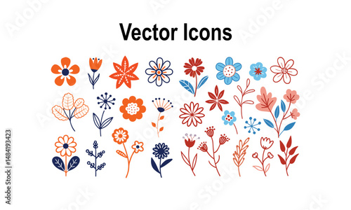 Floral Vector Icon Set: A vibrant and diverse set of floral vector icons, perfect for adding a touch of natural beauty and design element, showcasing a variety of flowers and botanical elements. 