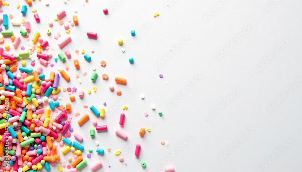 Vibrant rainbow colored sprinkles scattered on a white background , candy sprinkles, colorful sprinkles, detail Vibrant rainbow colored sprinkles scattered on a white background , candy sprinkles, colorful sprinkles, detail