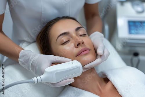 HIFU high-intensity ultrasound skin tightening. Non-invasive cancer treatment. Thermal ablation precision treatment. Dermatologist using HIFU machine on patient