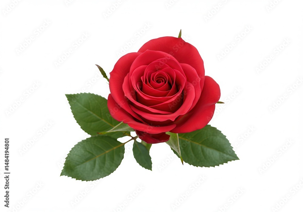 Fototapeta premium Single red rose blossom with green leaves on a white background