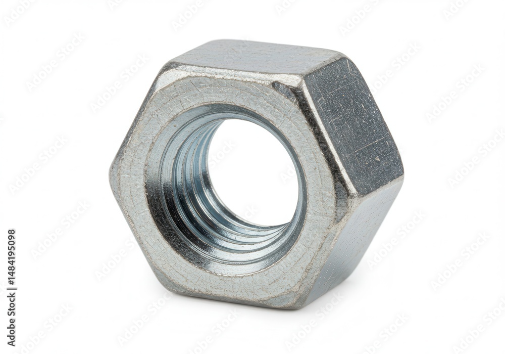 Close-up of a shiny metal hex nut on a white background Close-up of a shiny metal hex nut on a white background
