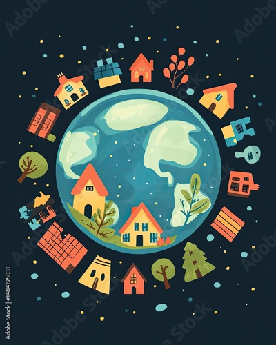 Colorful homes encircle a stylized globe, illustrating global dwellings.