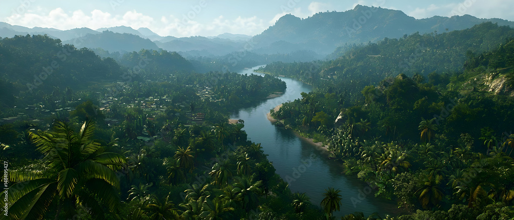 Fototapeta premium Aerial View Of River Winding Through Lush Tropical Valley