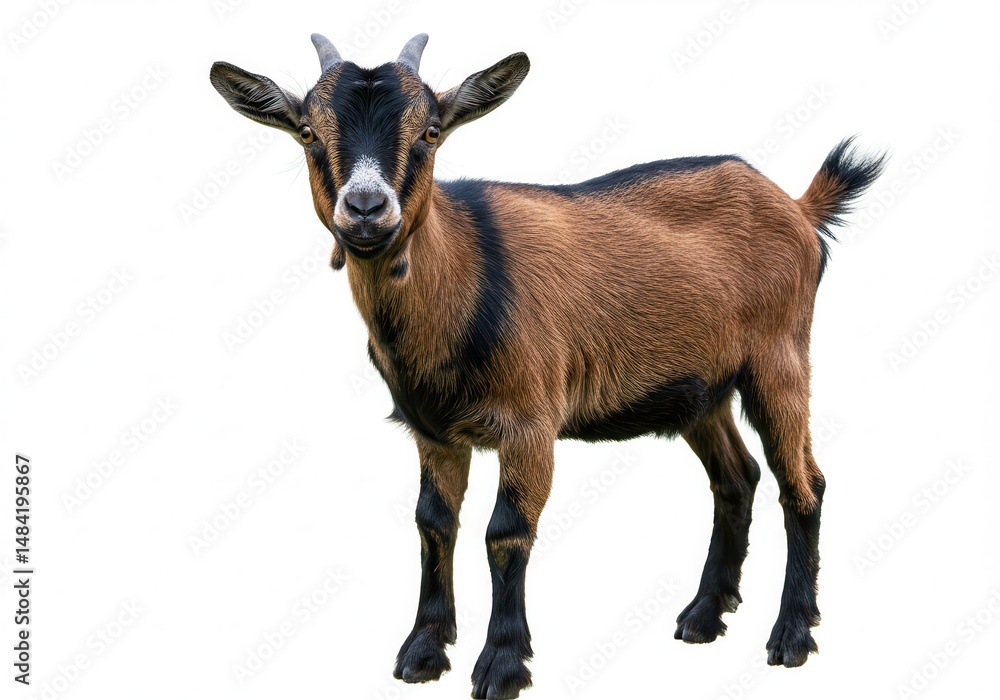 Fototapeta premium Full body shot of a brown and black goat on white background