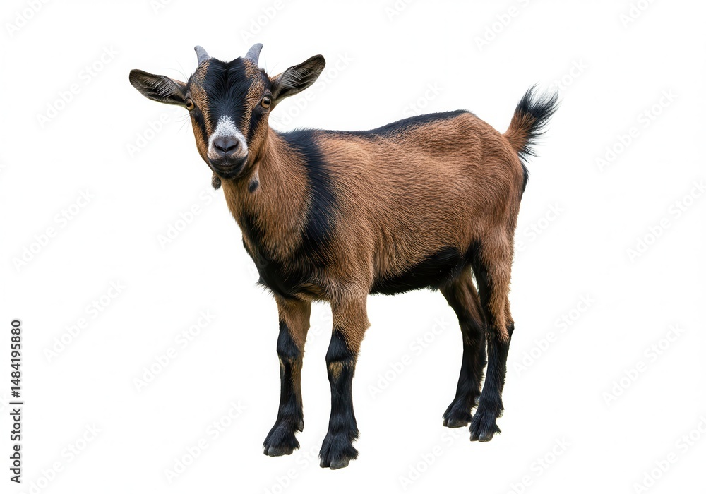 Full body view of a brown and black goat standing isolated on white background Full body view of a brown and black goat standing isolated on white background