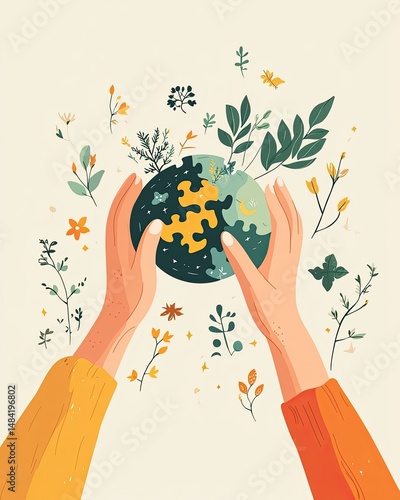 Two hands hold a world puzzle, surrounded by nature.