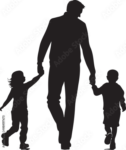 Silhouette of Father Holding Hands with Two Children Walking Vector Illustration