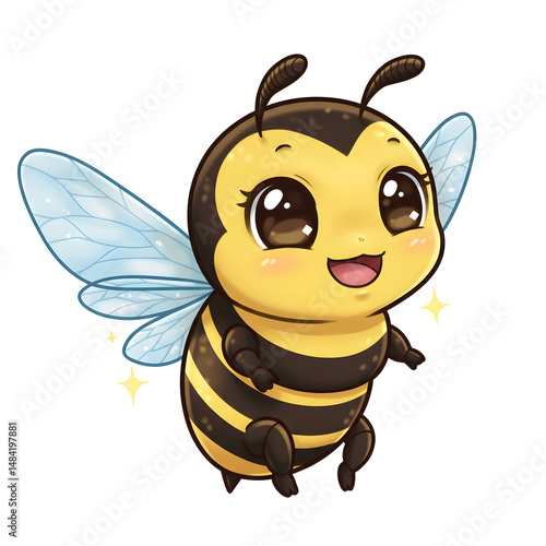 Chibi bee flying with a cheerful face and tiny legs tucked