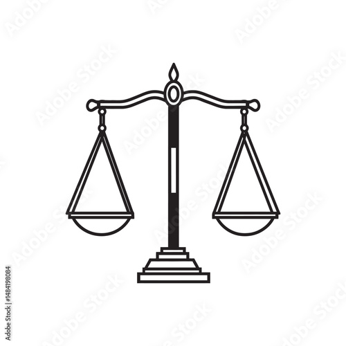 Black outline of scale illustration shows balanced triangular pans on transparent background