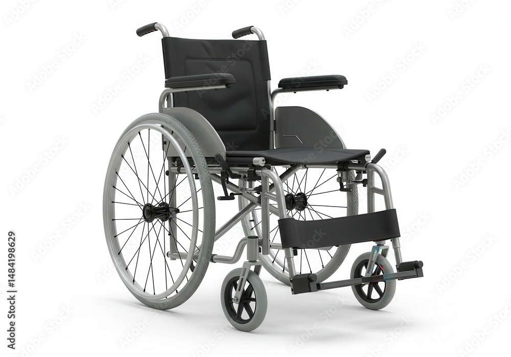 Fototapeta premium Isolated wheelchair with silver frame and black seat on white background