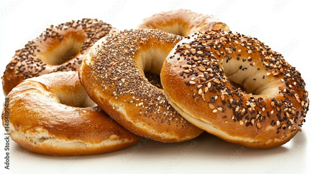 Close-up of Five Fresh, Golden Brown and Cream Colored Bagels with Seeds and Toppings on Smooth Reflective Surface, Bright White Background Highlighting Texture, Gloss and Delicious Close-up of Five Fresh, Golden Brown and Cream Colored Bagels with Seeds and Toppings on Smooth Reflective Surface, Bright White Background Highlighting Texture, Gloss and Delicious