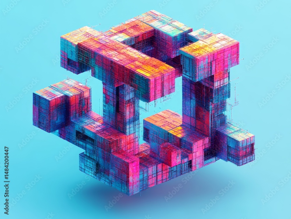 Obraz premium Abstract Multicolored Pixelated Cube 3D Rendering