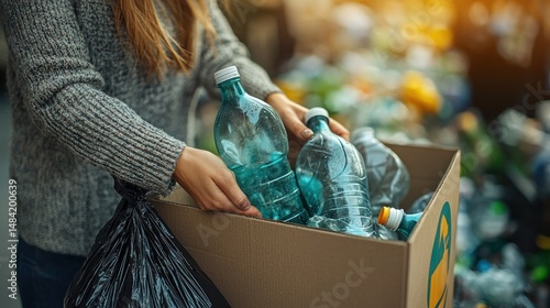 Wallpaper Mural Woman Recycling Plastic Bottles into Cardboard Box Torontodigital.ca