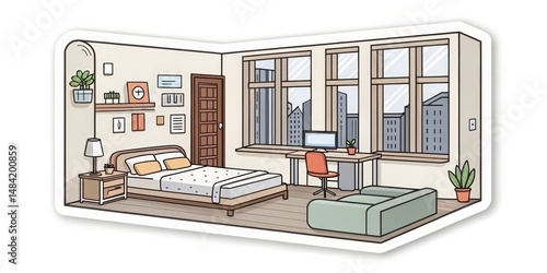 Isometric Bedroom Illustration City View, Minimalist Design, Cozy Room, Line Art, Sticker bedroom design, apartment decor