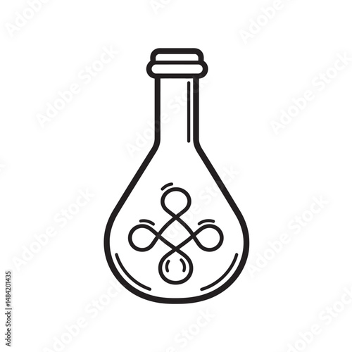 Black outline showcases a scientific flask containing an intricate knot symbol inside with transparent background