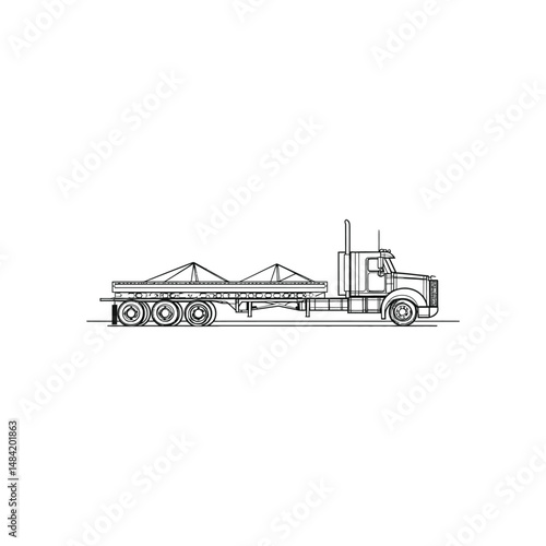 Black outline showcases a semi truck hauling two loads on a flatbed trailer