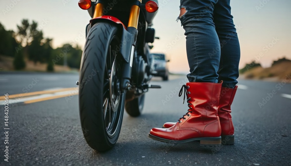 Naklejka premium A person stands next to a motorcycle on a road, with focus on boots and tire 