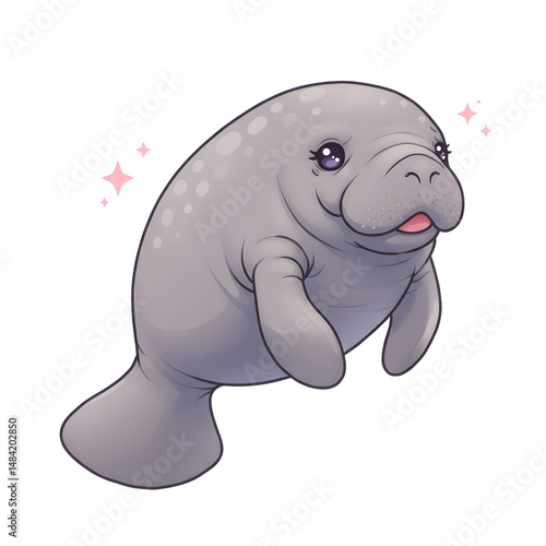 Chibi manatee floating with flippers spread and dreamy eyes