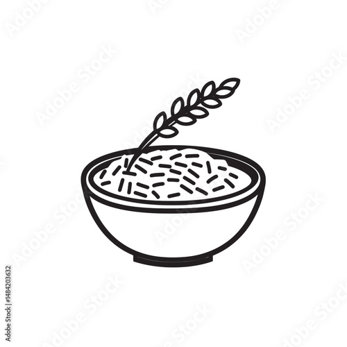 Black outline shows a bowl of rice with a rice stalk on white