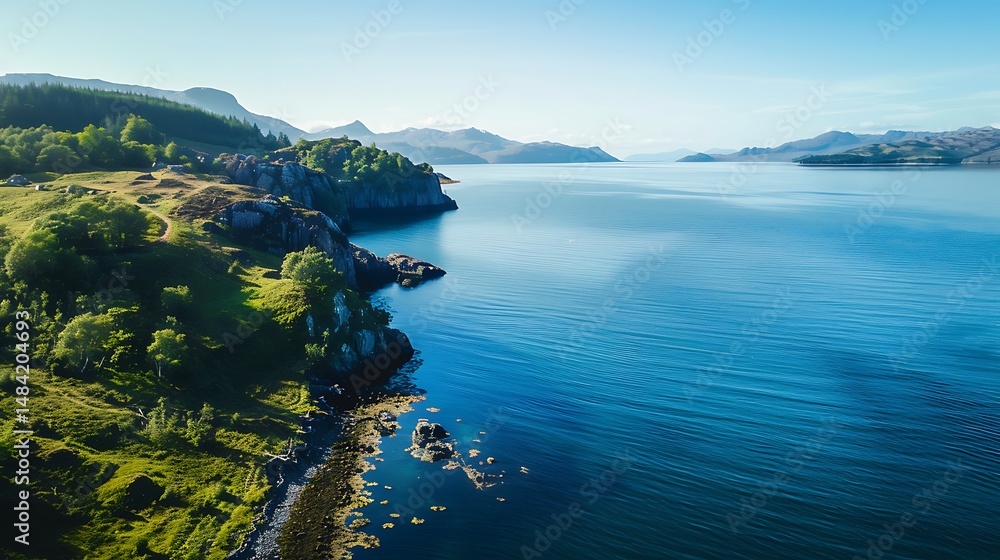 Obraz premium Aerial View Of Calm Lake With Rocky Coastline And Green Flora Under Blue Sky