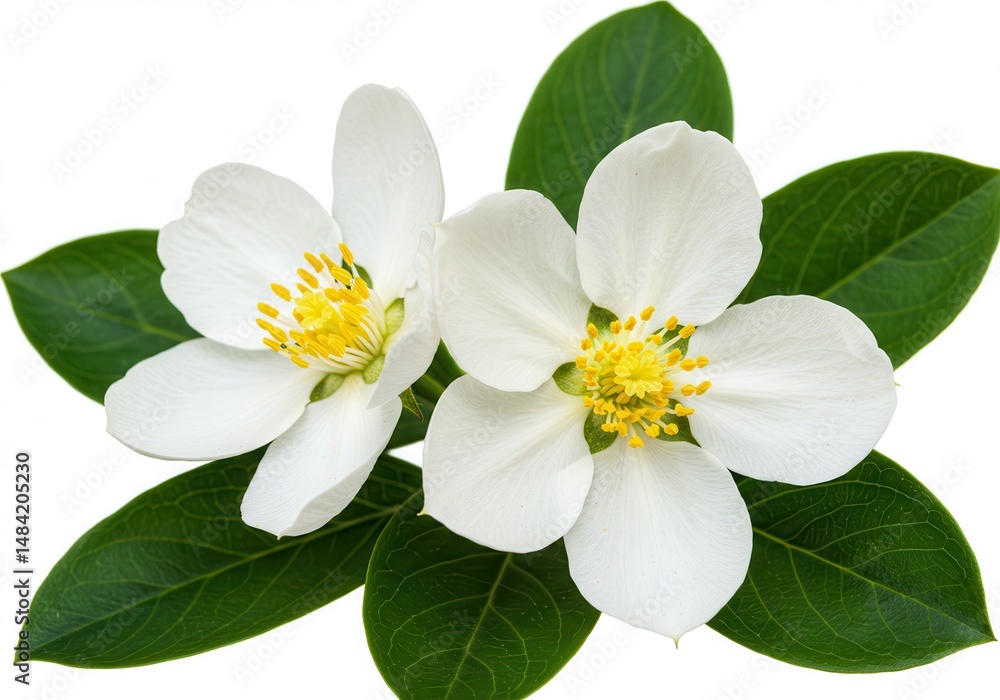Obraz premium Two mock orange blossoms with green leaves on a white background
