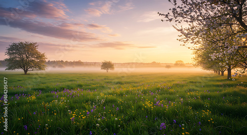 Sunrise Meadow: Misty Spring Field with Blossoming Trees