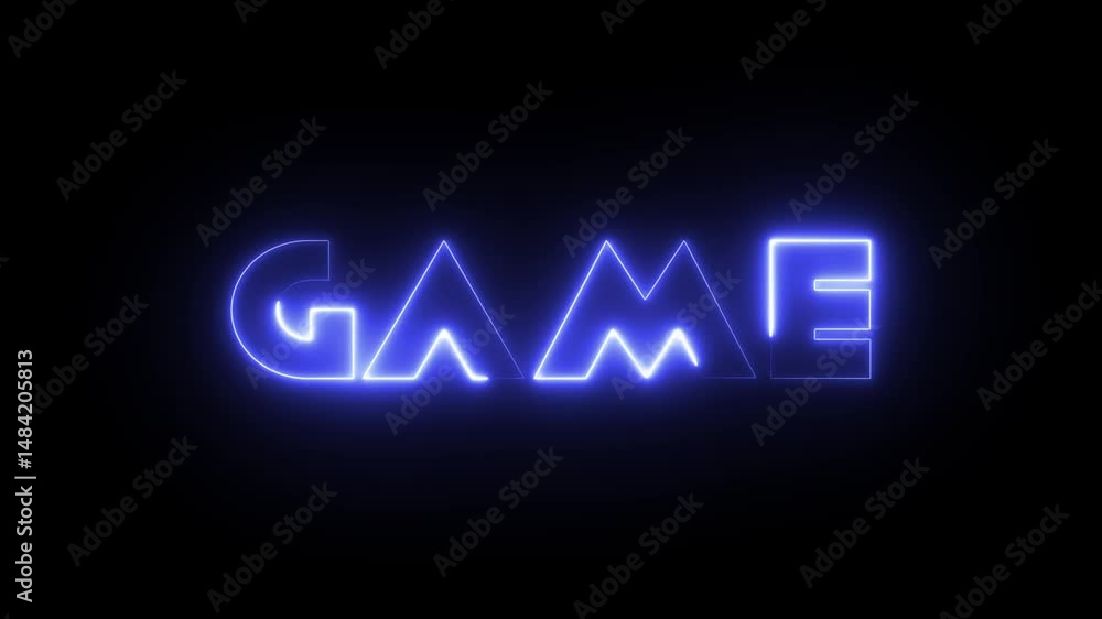 Neon glowing GAME text on black background. Game text shying animation. Neon glowing GAME text on black background. Game text shying animation.