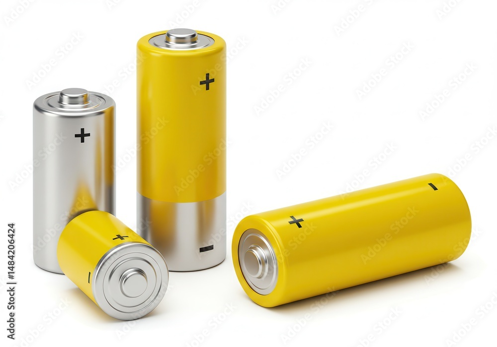 Assortment of silver and yellow aa batteries with positive and negative symbols Assortment of silver and yellow aa batteries with positive and negative symbols