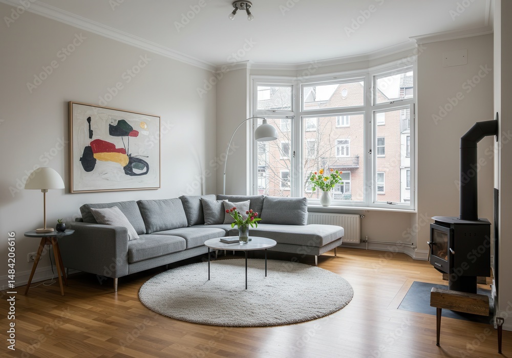 Modern living room with gray sectional sofa, round rug, and abstract art Modern living room with gray sectional sofa, round rug, and abstract art