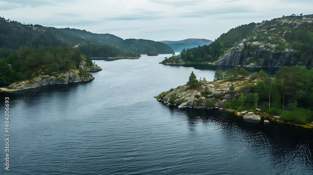Aerial View of Serene Lake Landscape Surrounded By Green Trees and Hills Aerial View of Serene Lake Landscape Surrounded By Green Trees and Hills