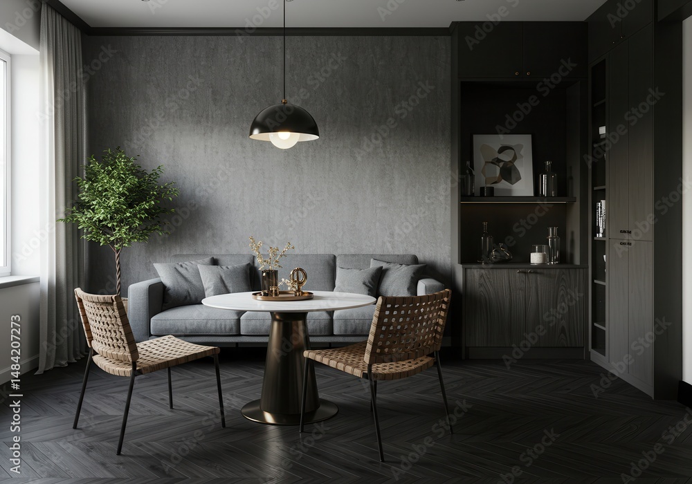 Fototapeta premium Contemporary living room with round table and woven chairs in gray tones