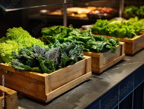 Fresh, vibrant greens in rustic wooden crates.  A healthy and visually appealing display of various lettuces and leafy vegetables.