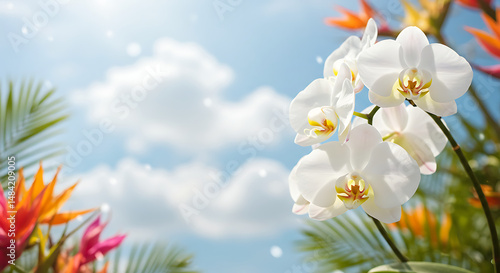 White Orchids, Tropical Flowers, Sunny Sky