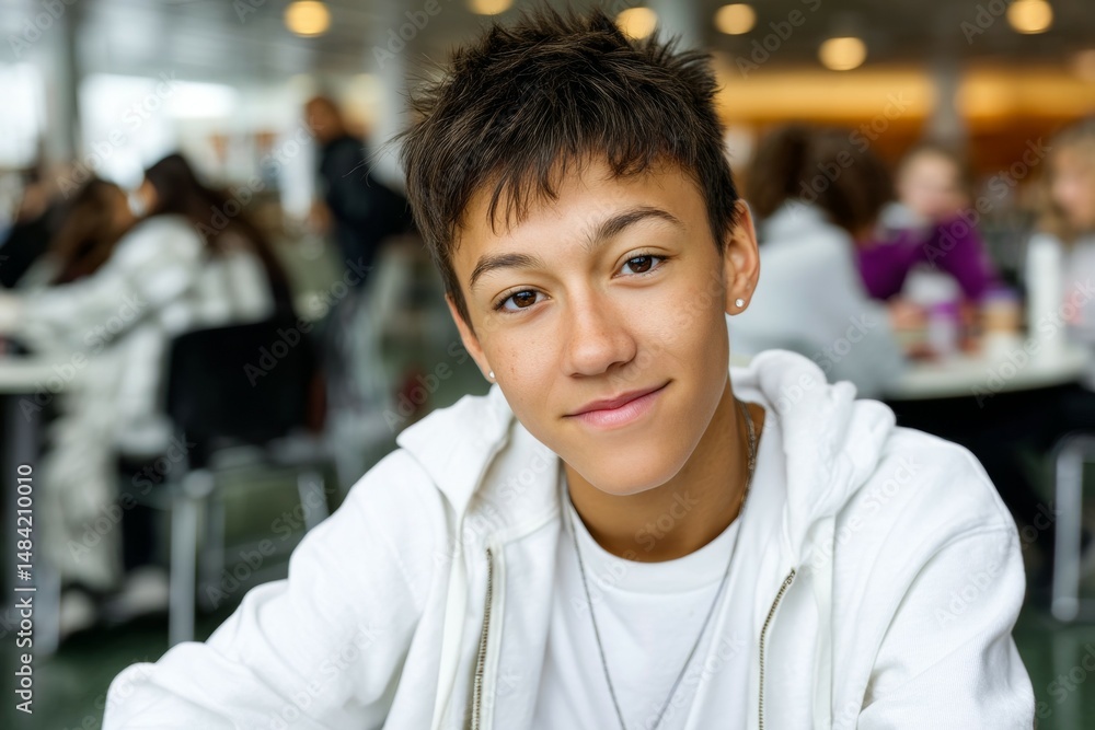 Asian teen male smiling in casual setting with friends in background Asian teen male smiling in casual setting with friends in background
