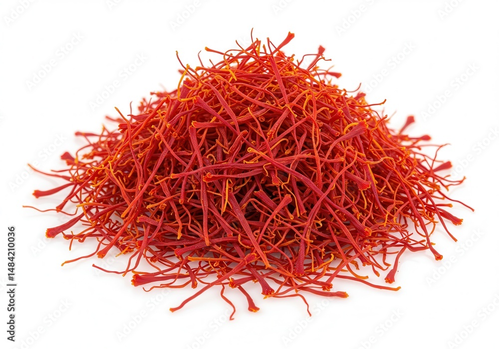 Naklejka premium Pile of vibrant red saffron threads on a white background, showcasing the spice's rich color