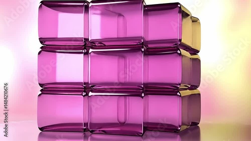 Colorful Transparent Cubes Stacked on a Soft Pink Background with Glowing Light Effects