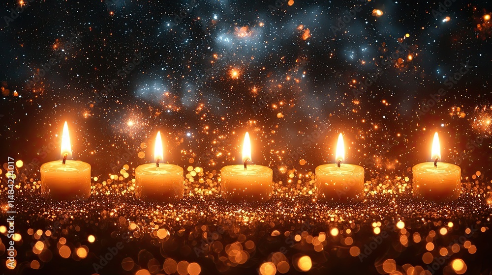 Five burning candles illuminate against a backdrop of starry sky Five burning candles illuminate against a backdrop of starry sky