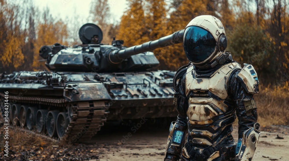 Fototapeta premium Advanced military technology featuring a robot and tank.