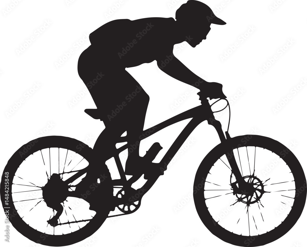 Naklejka premium Mountain Biker in Action SilhouetteOff-Road Cycling Adventure VectorExtreme Downhill MTB SceneMountain Bike Rider Jumping SilhouetteCyclist on Rocky Trail Vector Design