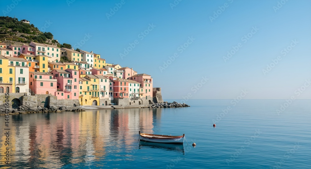 Serene Coastal Village with Colorful Houses and a Small Boat Serene Coastal Village with Colorful Houses and a Small Boat