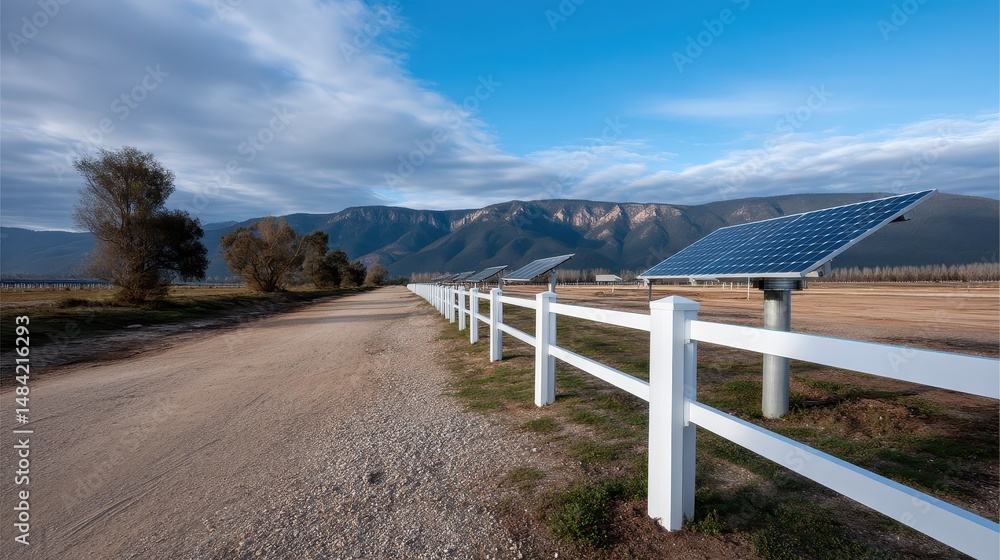 Fototapeta premium Rural landscape with solar panels white fence gravel road and mountain backdrop under a partly cloudy sky