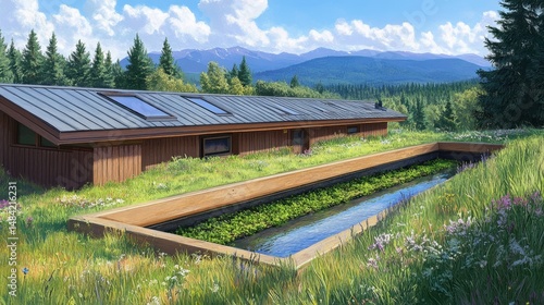 Fototapeta Naklejka Na Ścianę i Meble -  Illustration of rooftop runoff drainage into soil absorption trench