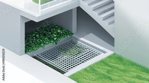 Fototapeta Naklejka Na Ścianę i Meble -  Illustration of rooftop runoff drainage into soil absorption trench